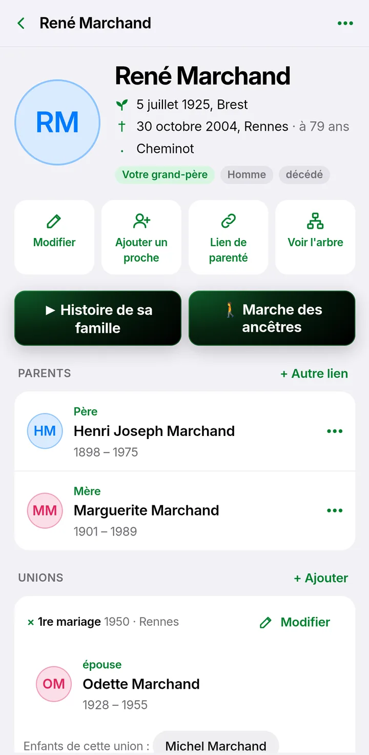 Fiche de René Marchand dans Arbrio : naissance, décès, métier, parents et union